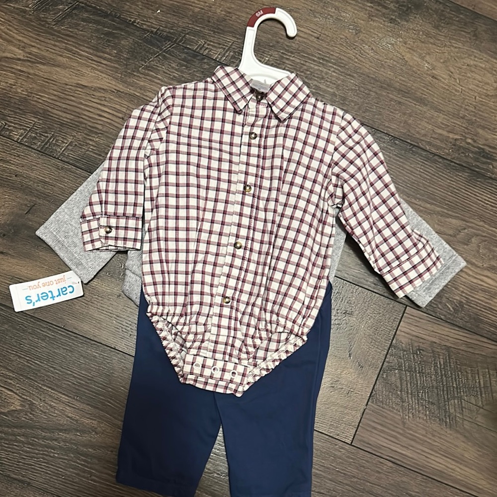 NEW - Carter's Red Plaid Onesie with Blue Pants and Sweater. 3-piece set